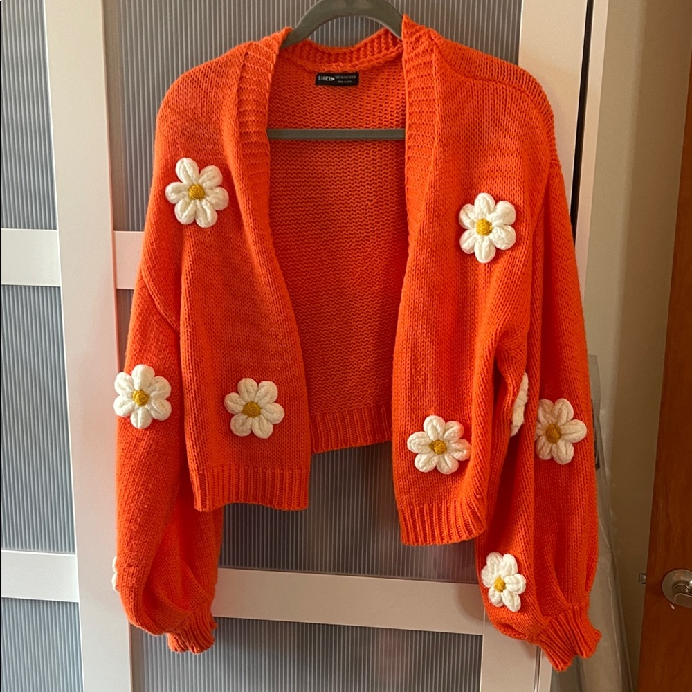 SHEIN Bright Orange Cardigan with White Daisy Accents